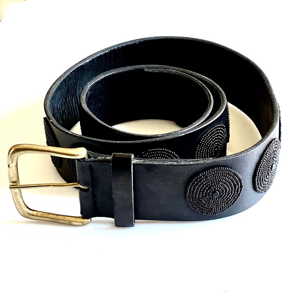 Black Beaded Leather Belt with Gold Buckle